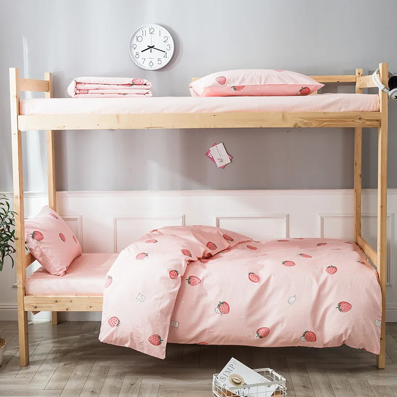 

Modern Student Cartoon style Cute pink soft Strawberry print bedding set Cotton twin size duvet cover flat sheet pillowcase sets