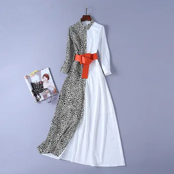 

European and American women's dress 2019 spring new style Long sleeve lapel Mosaic leopard print fashion Belted dress