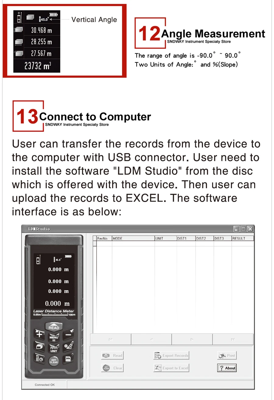 Sndway USB подзарядка портативный цветной экран цифровой лазерный дальномер SW-S50/70/100