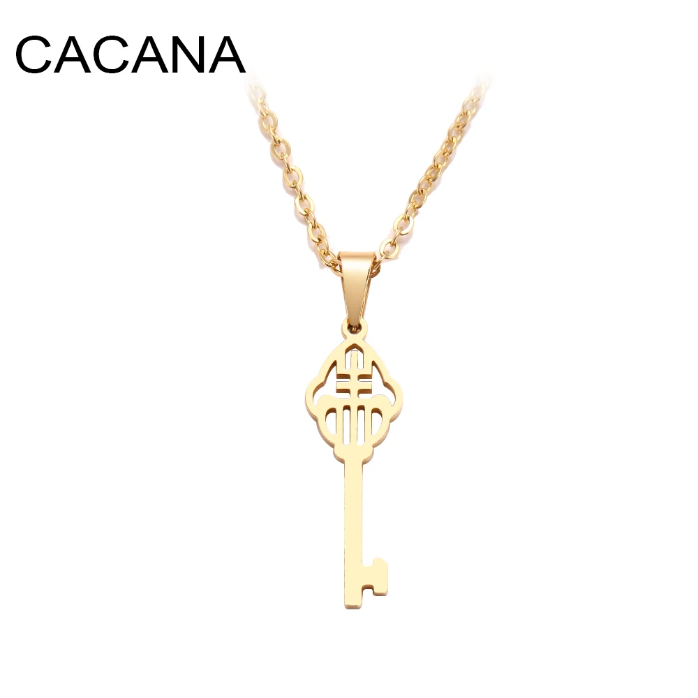 

CACANA Stainless Steel Necklace For Women Man Classical Pattern Key Gold And Silver Color Pendant Necklace Engagement Jewelry
