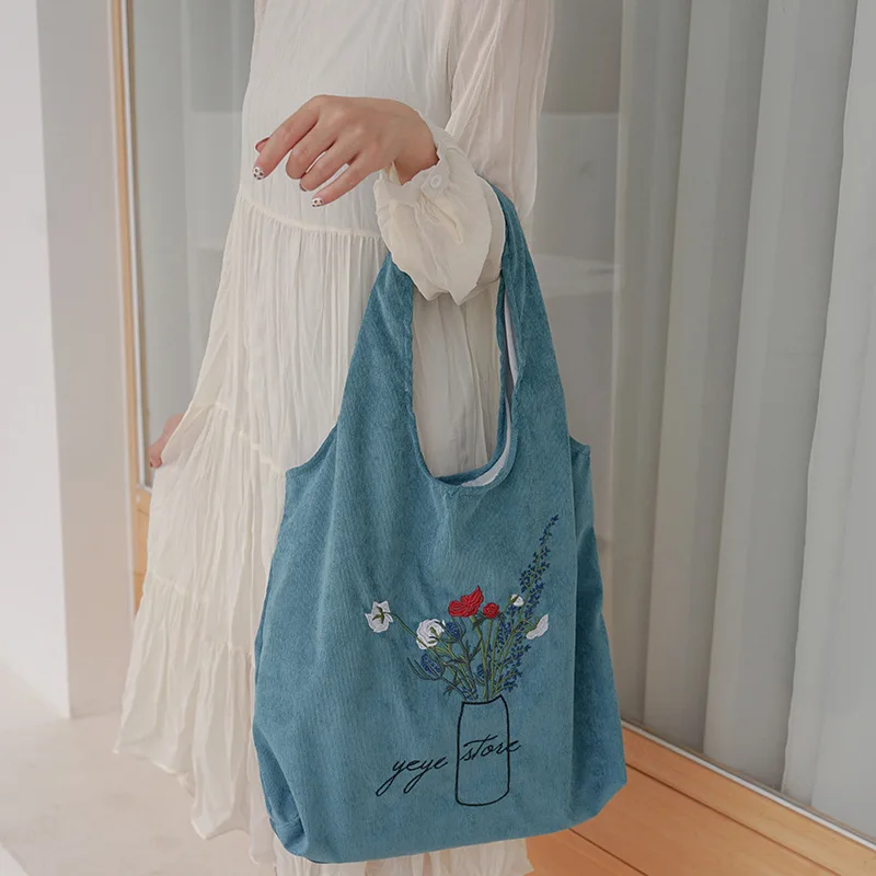 Женская Вельветовая сумка на плечо, женская сумка с вышивкой, сумки для покупок, женская сумка из эко-хлопка, складная сумка, большая ВМЕСТИТЕЛЬНОСТЬ - Цвет: Cyan