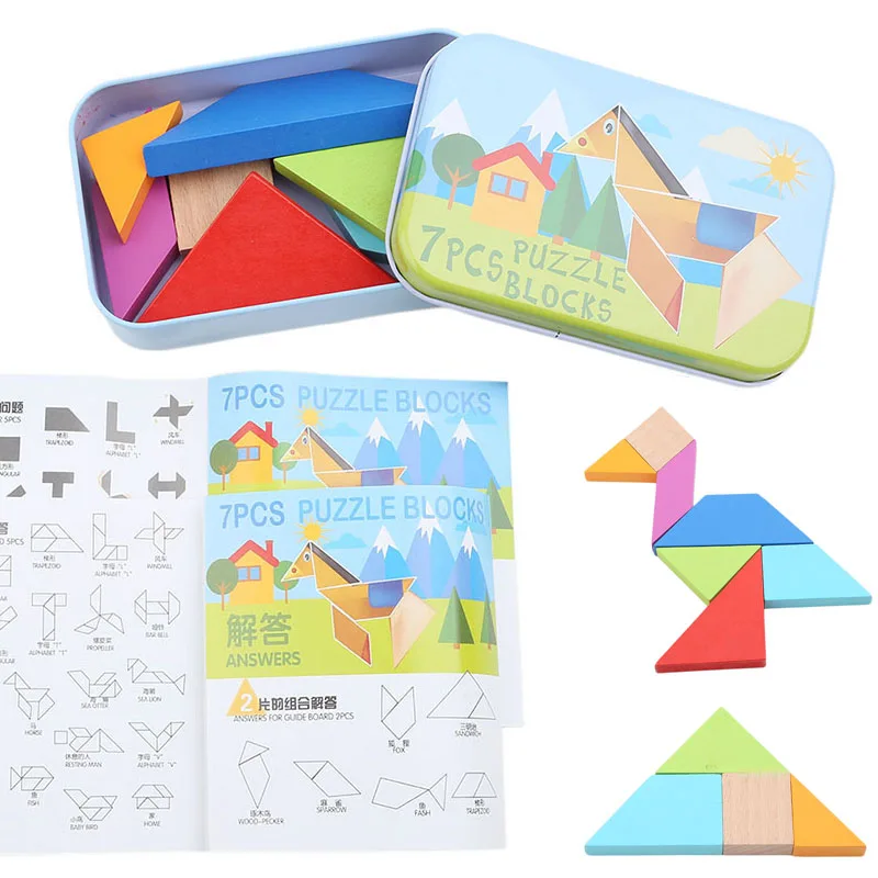 

Iron Box Wooden Jigsaw Puzzle Kit Classic Geometric Shape Tangram Wooden Puzzle Children Tangram Puzzle Toys Educational Gift
