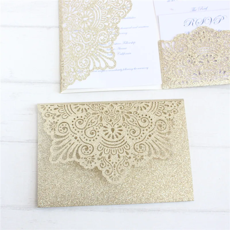 

Glittery laser cut wedding invitations 50pcs gold silver customized printing insert card RSVP