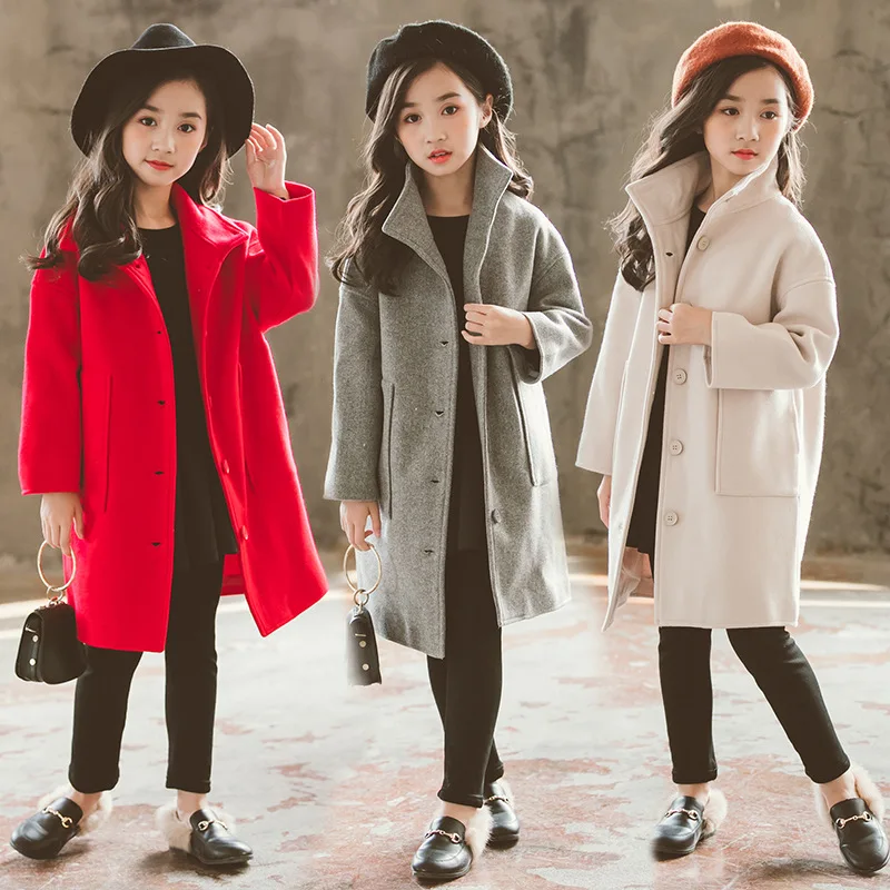 

Winter Warm Girls Thicken Woolen Coats Single Breasted Children Overcoat Big Pockets Kids Long Coats Clothing 2T-12T Years