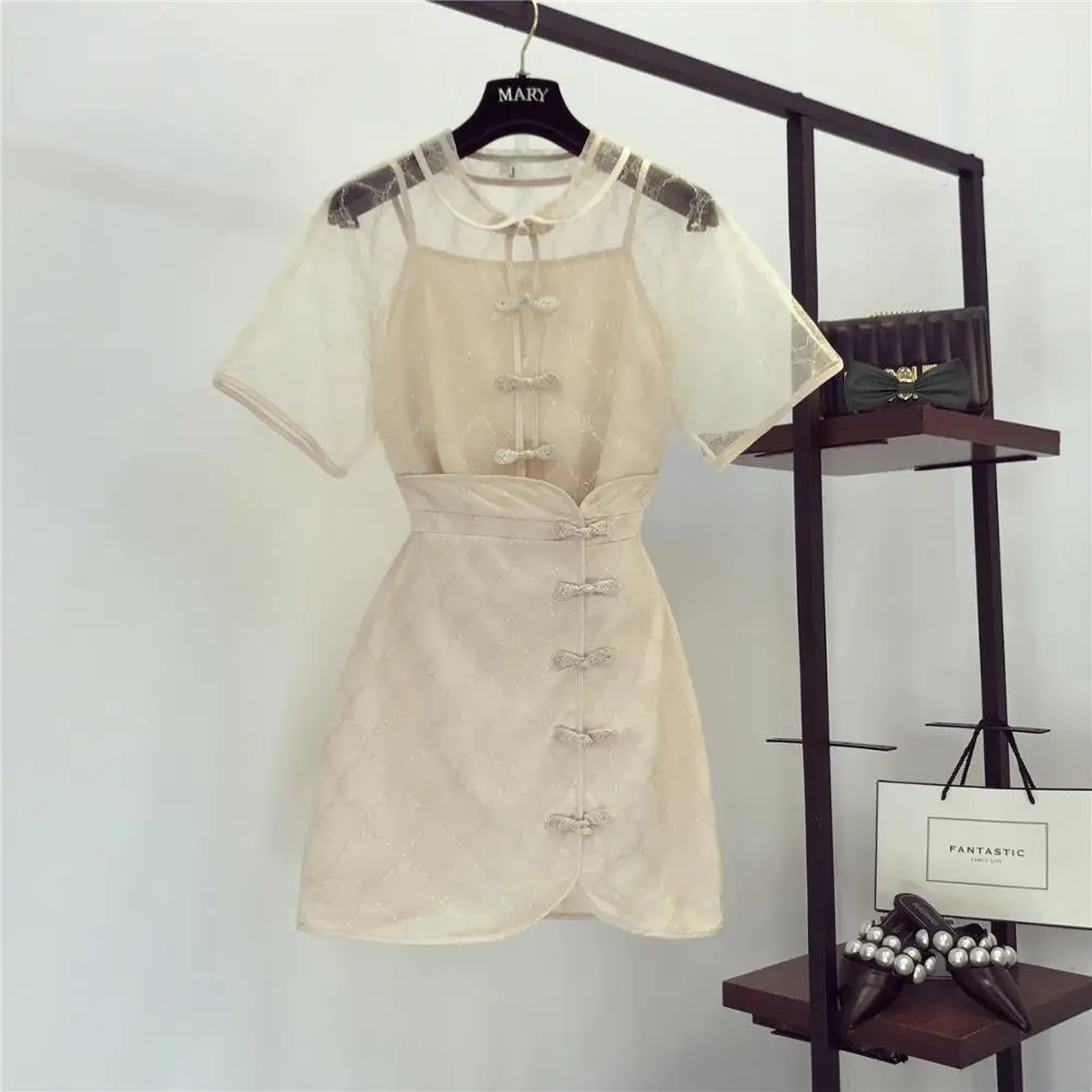 

2019 Summer Fashion Women's Doll Collar Mesh T-shirt + High Waist Lace Skirt two-piece Sets Female Suits A1649