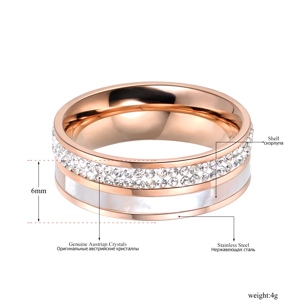 Wedding Rings Women 316L Stainless Steel Rose Gold Rhinestone Shell