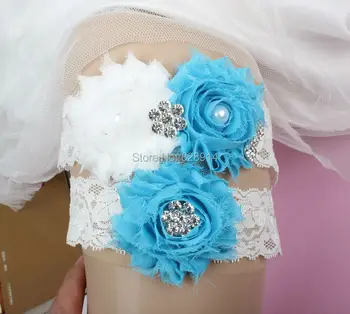 

New Design Blue and white Color Shabby Flower Lace Wedding bride Garter for Bridal Garter With Alloy charm Handmade