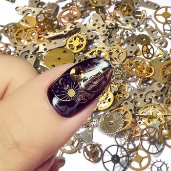 YZWLE 1 Pack Retro Golden Clock Gear Studs 3D DIY Nail Art Decoration For Nails Salon