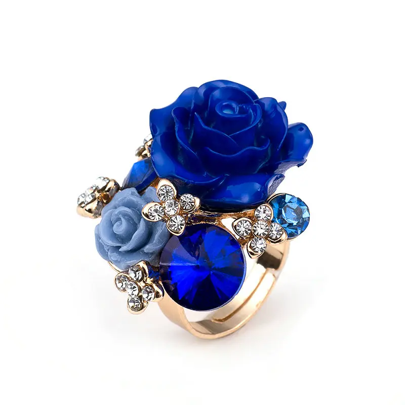 New Arrival 7 colors Resin Crystal Rose Flower Gold-Color Adjustable Women Wedding Fashion Statement Finger Rings