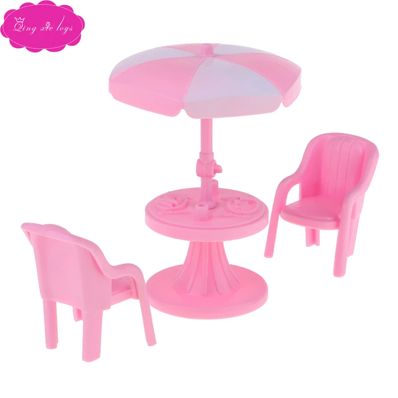 

Dolls miniature dollhouse Babie girl pink afternoon tea dessert table chair set plastic umbrella American toys accessories Q17
