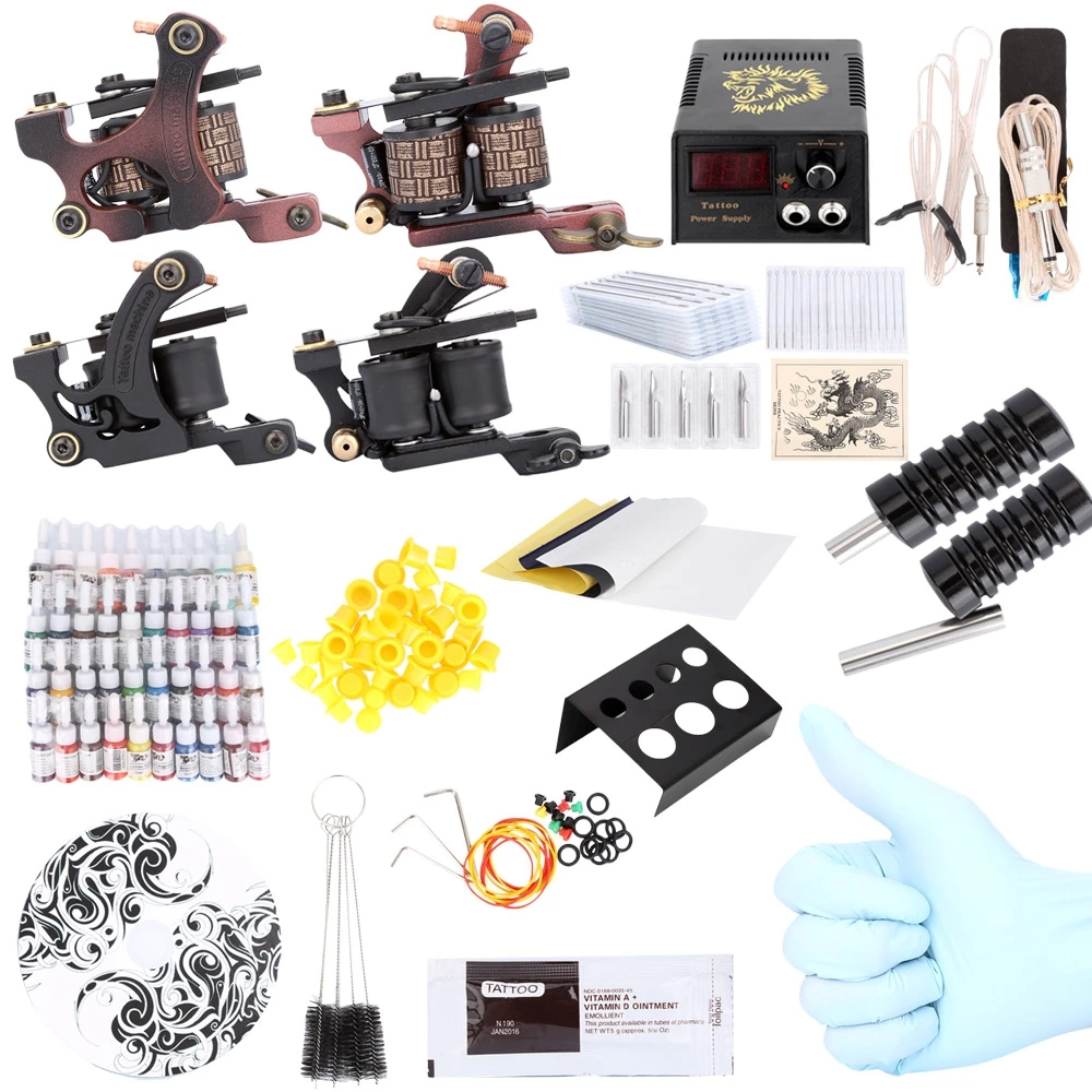Complete Tattoo Kit 40 Color Inks Power Supply 2 Machine Guns Shader Liner Cheap Tattoo Machine