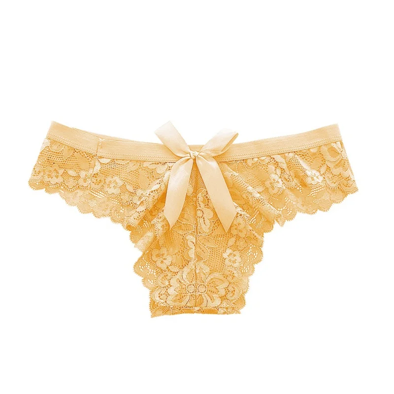 Women Sexy Panties Bow Lace Slim High Waist Perspective Flexibility Solid Color Transparent Comfy Briefs