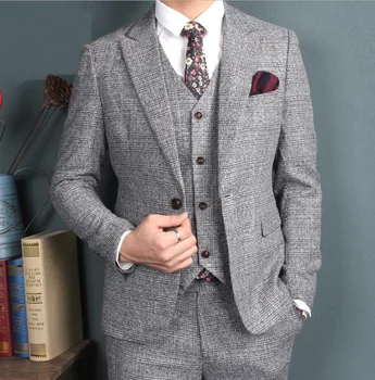 Najtaniej Brytyjski Styl Szary Plaid Mężczyźni Garnitury Jeden Przycisk Groom Smokingi ślubne Mężczyźni Bussiness Blazer Garnitury 2017 (kurtka + Spodnie + Kamizelka)