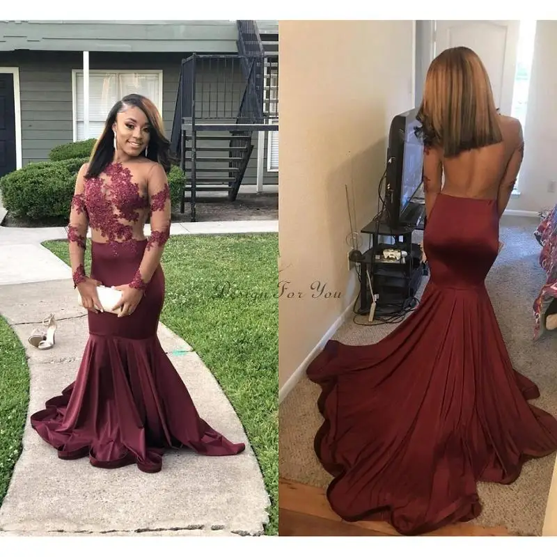 

Arabic Burgundy Mermaid Evening Dresses Long 2019 robe de soiree Long Sleeve Prom Gowns Black Girl Women Formal Party Dress