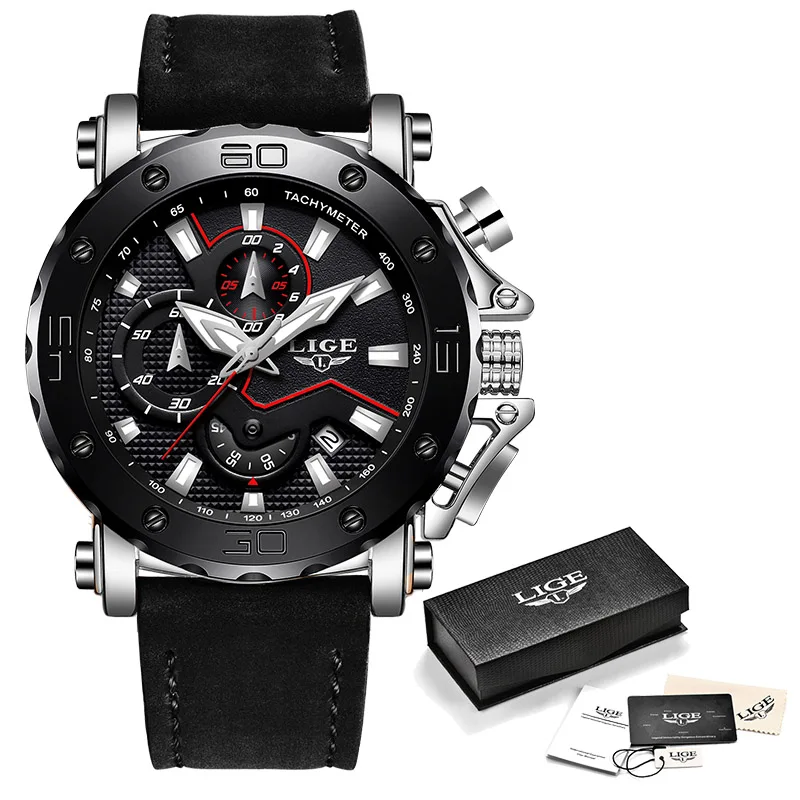 LIGE повседневные спортивные часы для мужчин Лидирующий бренд Роскошные синие кожаные военные наручные часы Мужские часы модные наручные часы с хронографом - Цвет: Silver black