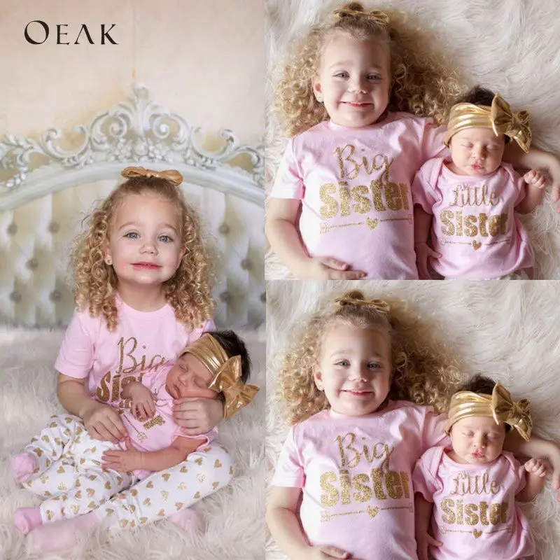 

Oeak 2019 Baby Girls Spring And Summer Cotton Gilding Letters Print Pink Color Short Sleeve Suit Two-piece Clothes Suit