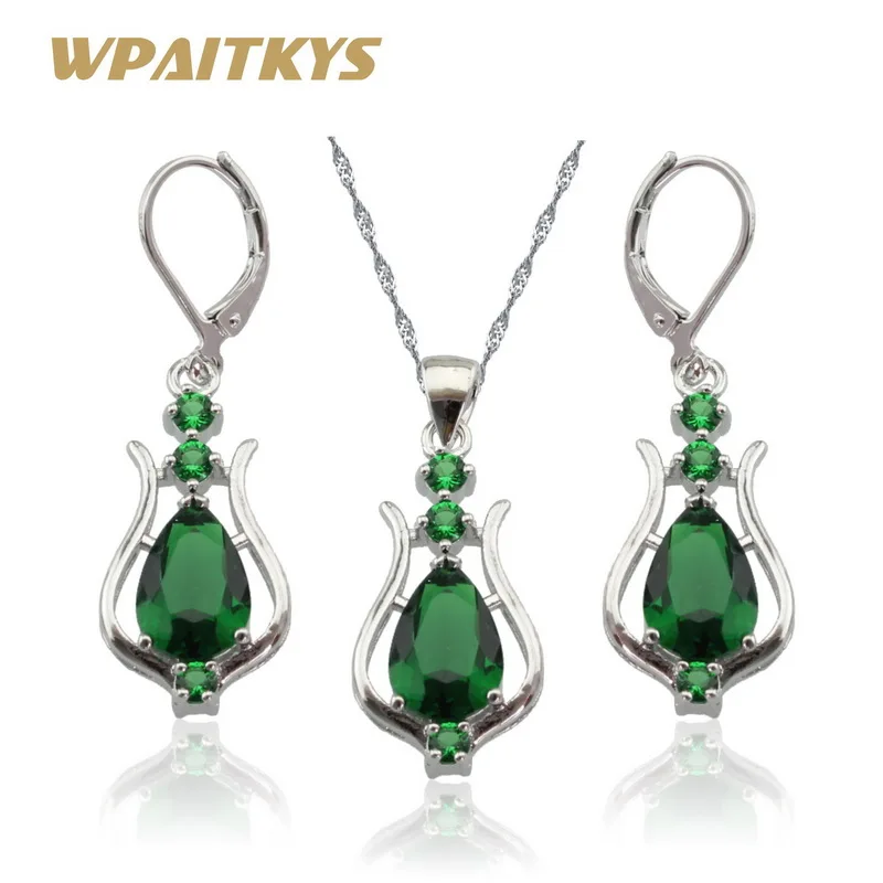 

ASHELY Silver Color Jewelry Sets For Women Green Imitated Emerald Necklace Pendant Drop Earrings Christmas Gift Box
