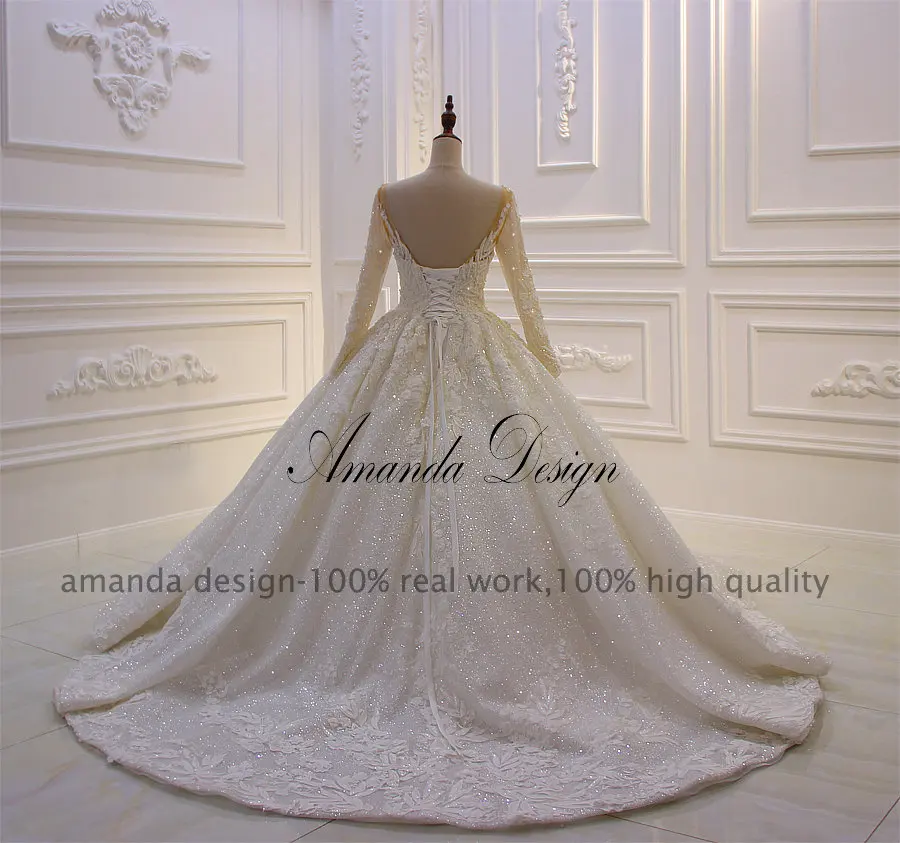 Аманда дизайн индивидуальные длинный рукав кружева аппликация для бального платья Роскошные Блестящие Свадебные платья