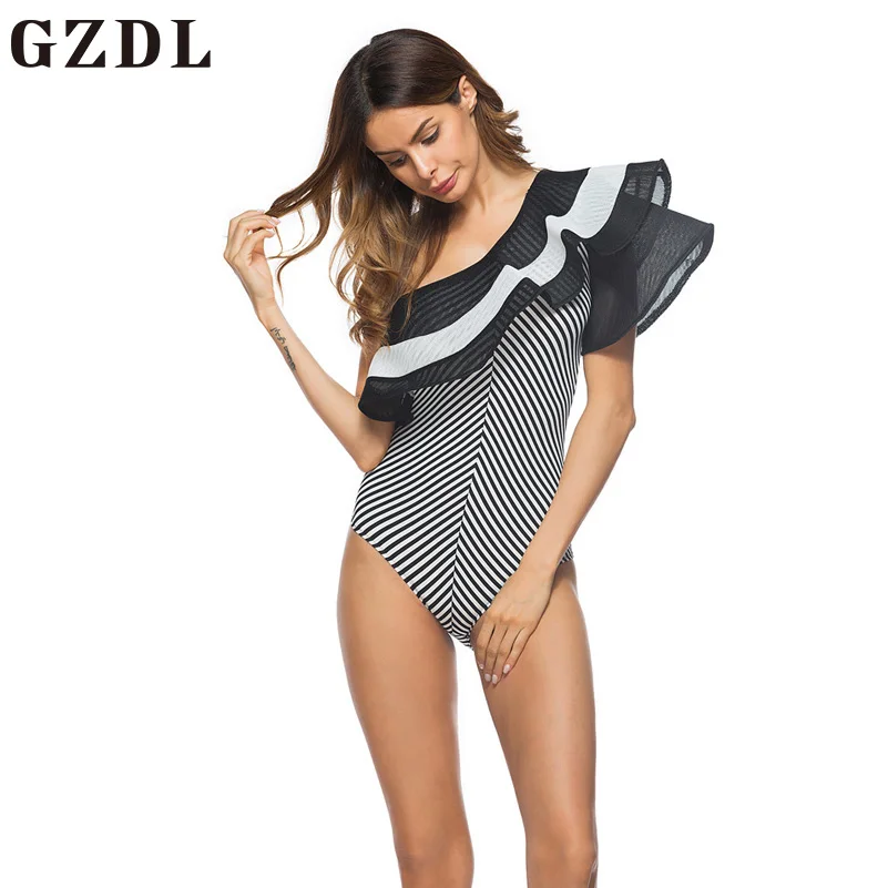 Gzdl Black Mesh полосатые комбинезоны Модные Узкие комбинезон Общая Sexy косой воротник Для женщин оборками клуб Корректирующие боди для женщин