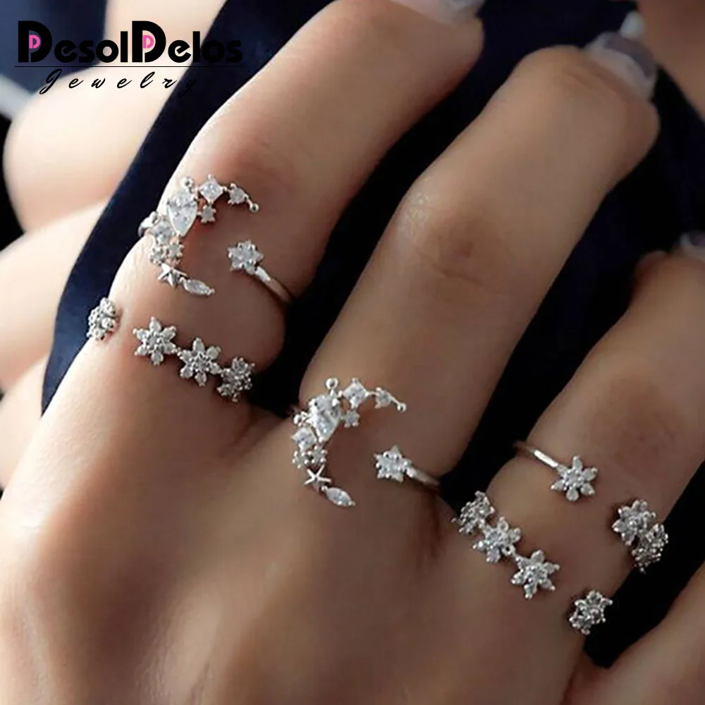 

5pcs/Set Brand Silver Color Heart Ring Set Drop of Crystal Adjustable midi Ring anillos anel Rings For Women Anillo Hombre
