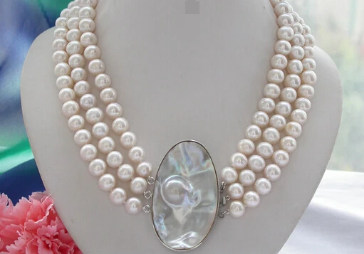 

Jewelr 005140 3row 10-11mm round white Freshwater cultured pearl necklace mabe pearl