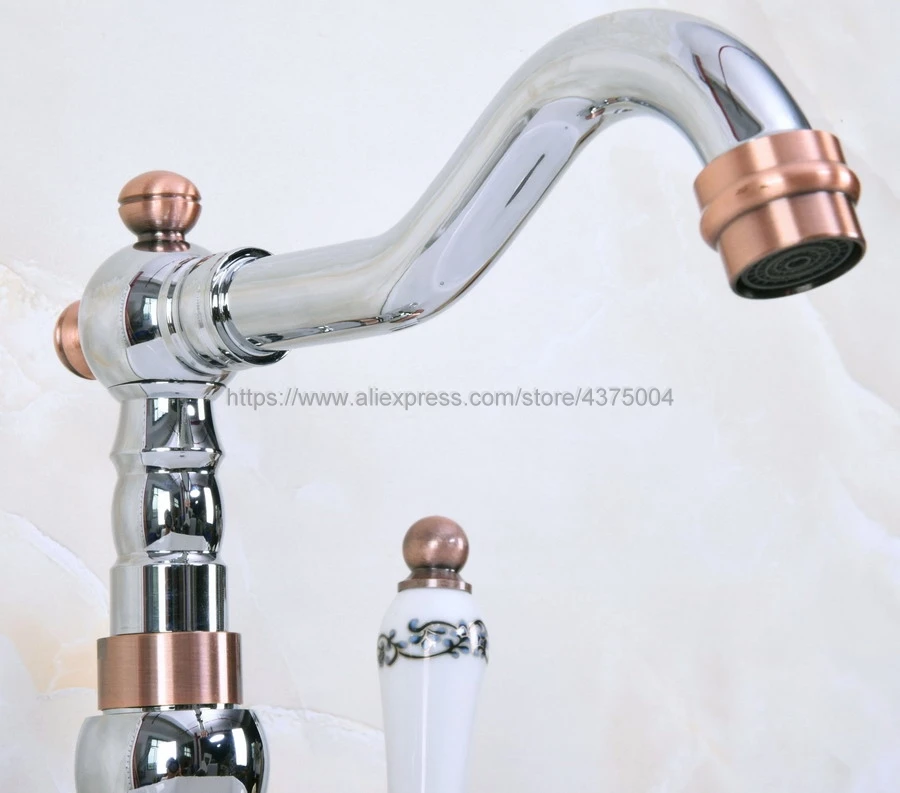 Deck Mounted Single Handle Bathroom Sink Mixer Faucet Polished Chrome And Red Copper Hot and Cold Water Mixer Tap Nnf912