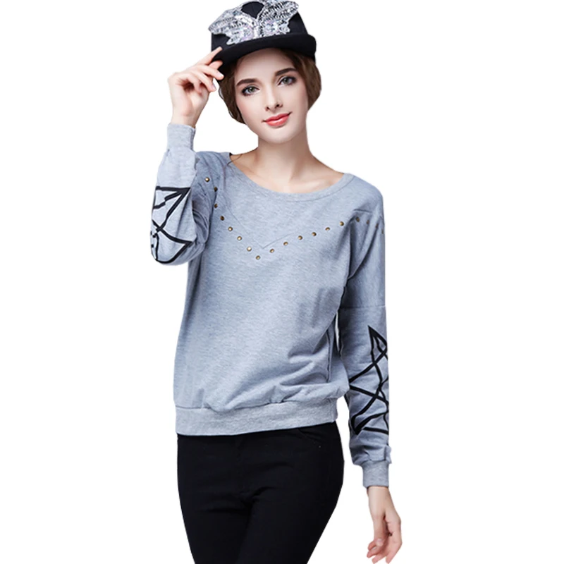 Haut mujer manche longue 2015 moda geométricas camisetas gráficas tops manga larga suelta camiseta mujer remache camiseta camisetas mujer