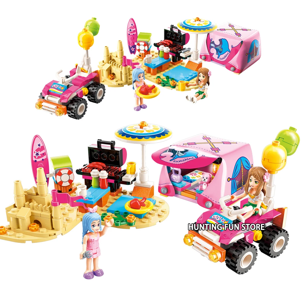 

Qman Cherry Beach Camping Tent ATV Car Fit Friends Set Figures Educational Building Blocks Toy for Children Girl Gifts