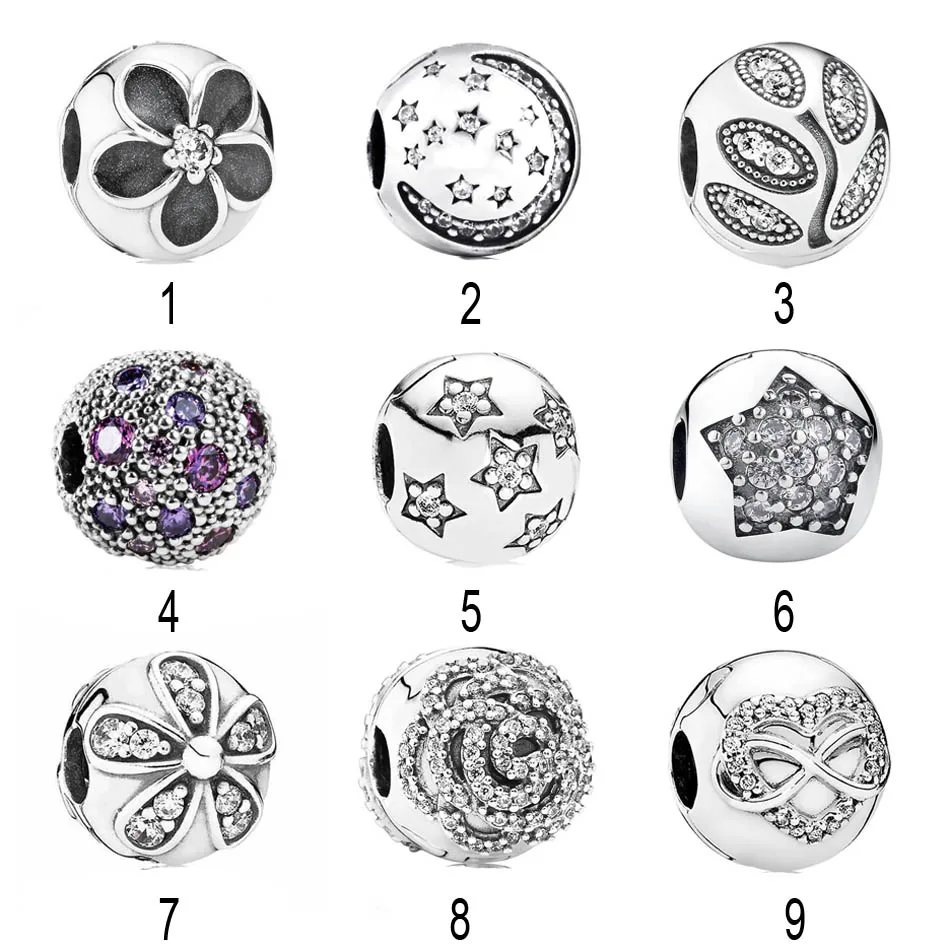 

925 Silver Sparkling Leaves Clip Bead Charm fit Pandora Bracelet Bangle Dazzling Daisies With Crystal Stopper Heart & Infinity
