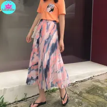 Летняя корейская мода новая Женская высокая талия градиент шифон богемная Праздничная юбка плиссированная печать Офисная Леди