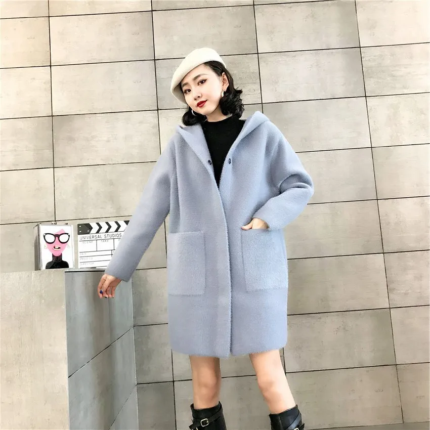

SWYIVY Woman Coat Long Hooded Outwear 2018 Autumn Winter Female Solid Color Knit Trench Faux Mane Fur Loose Lady Warm Woel Coat