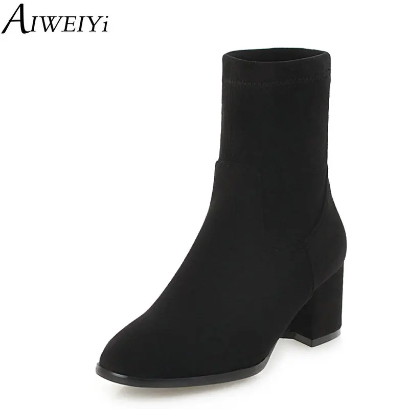 

AIWEIYi Fashion Mid Calf Boots High Heels Martin Boots Thick Heel Platform Boots Autumn Winter Slip On Half Knee Boots