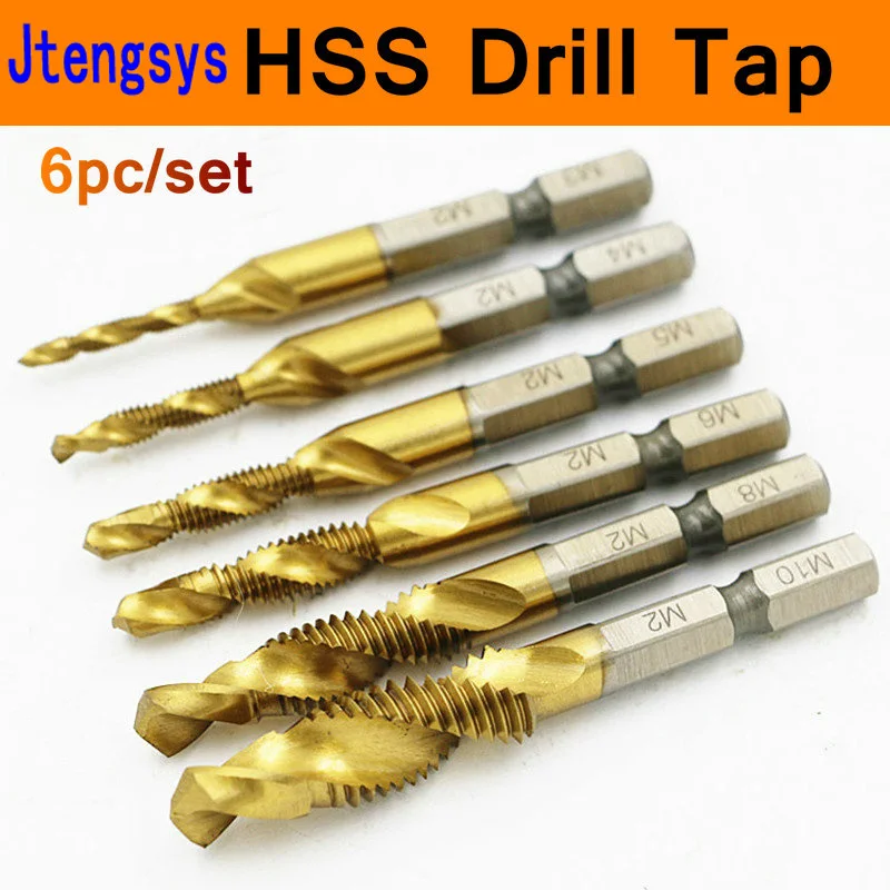 

Screw Tap Combination Bit 6pc/set Hex Shank HSS Screw Bits Metric Plug Drill Bits M3 M4 M5 M6 M8 M10 Hand Tools HSS6542 HSS4341
