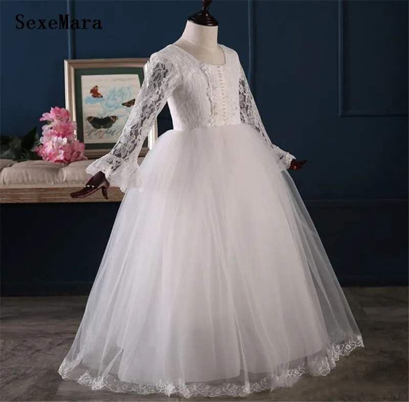 

100% Real Pictures Ball Gown Flower Girls Dresses Long Sleeve Lace Puffy Tulle Kids First Communion Dress Birthday Party Gown