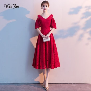 

wei yin Evening Dresses Long Party 2020 Bohemian Evening Gown V-Neck Tea-Length Lace fabric Women Banquet Formal Dress WY1710