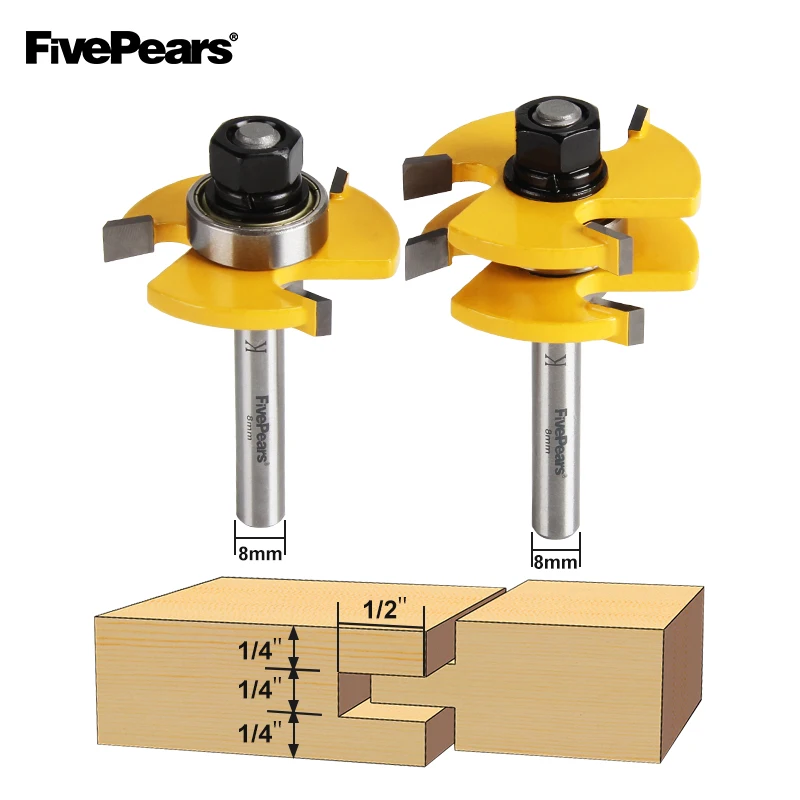 

FivePears 2 Pieces of Tongue and Groove Router Bits Set with 8mm Shank T-Slot 3/4" Stock Wood Milling Cutter Woodworking Tool