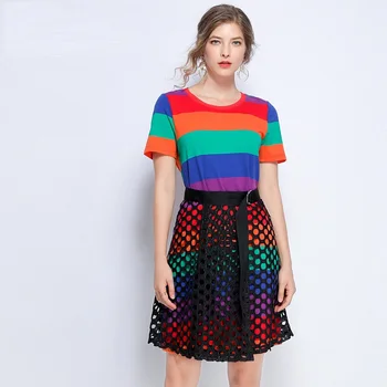 

Fashion Colorful stripe summer dress Elegant Dress set crochet party dress O neck festival dress plus size vacation vestidos 5XL