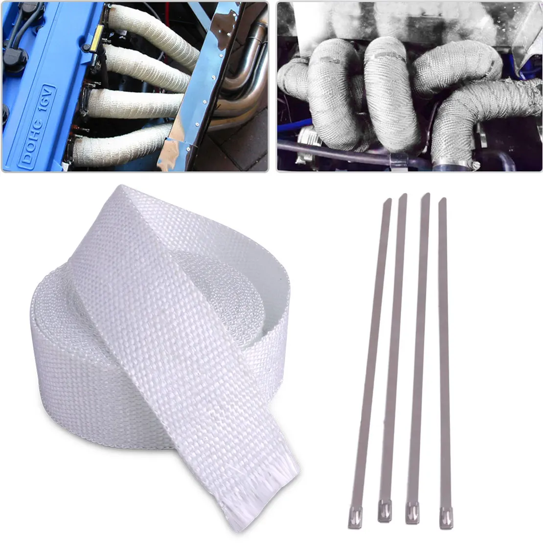 beler New 10M Exhaust Pipe Manifold Header Heat Wrap Tape Roll With 4