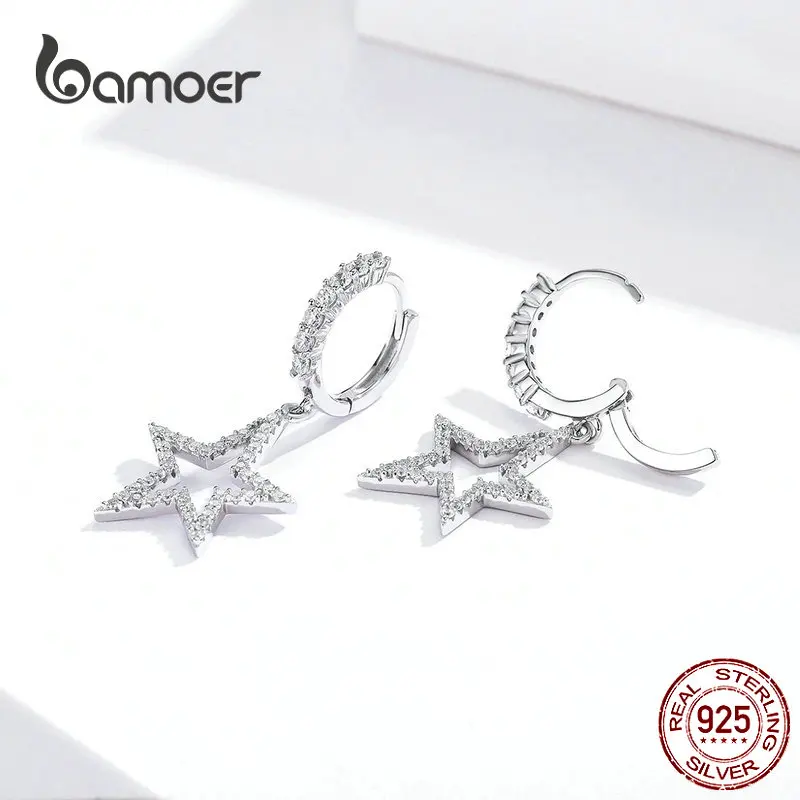 Cena BAMOER Star Dangle kolczyki dla kobiet Sparkling wyczyść CZ spadek kolczyki srebro 925 zaręczyny biżuteria ślubna SCE593