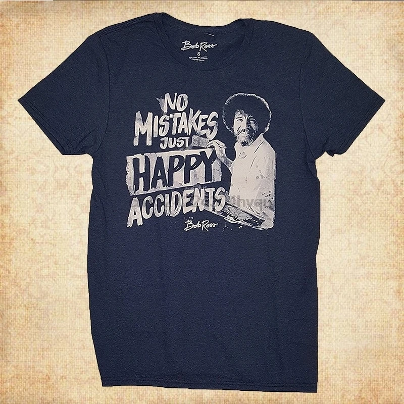 

100% Cotton High Quality Bob Ross No Mistakes Just Happy Accidents Blue Graphic T-Shirt women tshirt