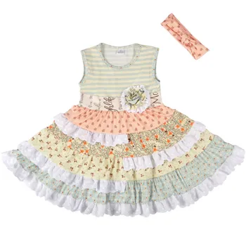 

Vintage Girls Dresses Baby Kids Sleeveless Layered Ruffle Lace Floral Dress with Headband Fashion Children Dress Vestido