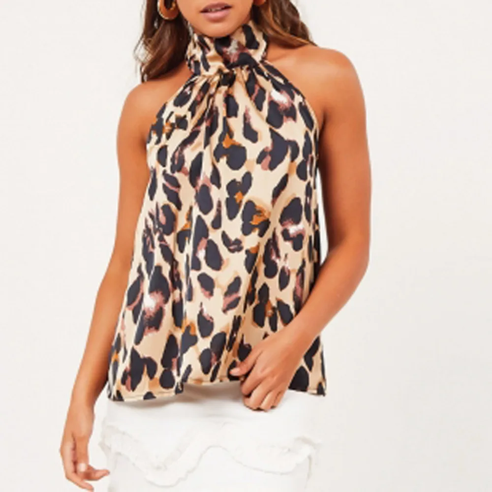 

Hot Sale Blouse Women Leopard Printed Halter Neck Cami Vest Evening Party Tops Blouse blusas mujer de moda Clothing Feminine&A