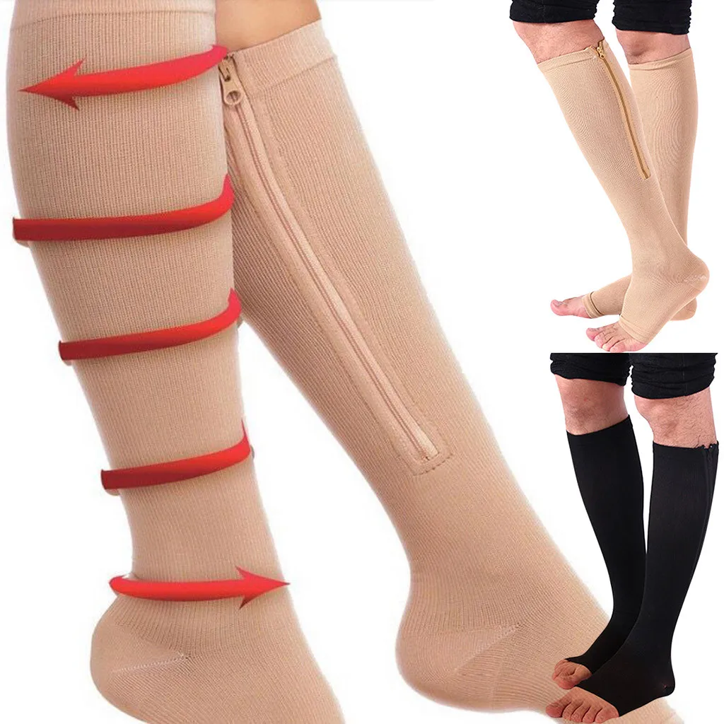 

new design Hot Sale Accessories 2 pair Unisex solid Zipper Compression Sockings Stretch Leg Support Open Toe Knee Stockings