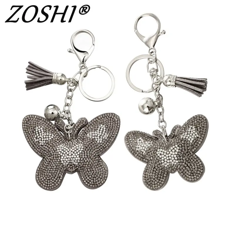 

2018 Colorful Crystal Keychains Butterfly Pendant Silver Key Chain Porte Clef De Bag Charms Leather Tassel Keychain Keyring