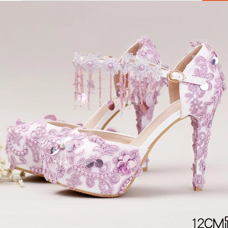 2016 Lila Novia Zapatos de Tacones Altos 12 cm A Prueba de agua Zapatos de  La Boda de Encaje de Flores de Diamantes de Banquetes Zapatos de Vestir de  Perlas Mujeres Bombas