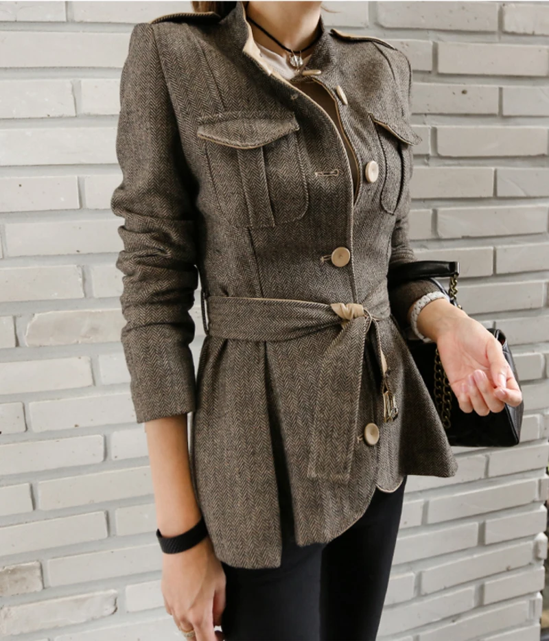 Элегантное однобортное женское короткое пальто с воротником-стойкой, зимнее пальто на молнии сзади с поясом, приталенная Женская куртка, пальто, верхняя одежда
