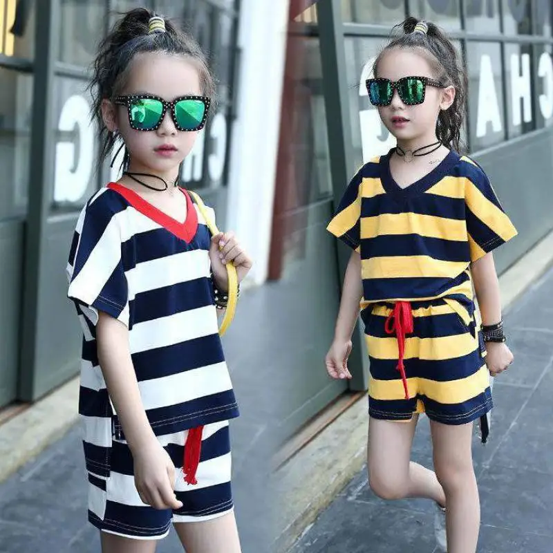

2020 Girls Clothes Set Summer Girls Clothing Set Fashion Big Girls Striped T-shirt + Hot Shorts Children Suit Outfits 10 12 Year