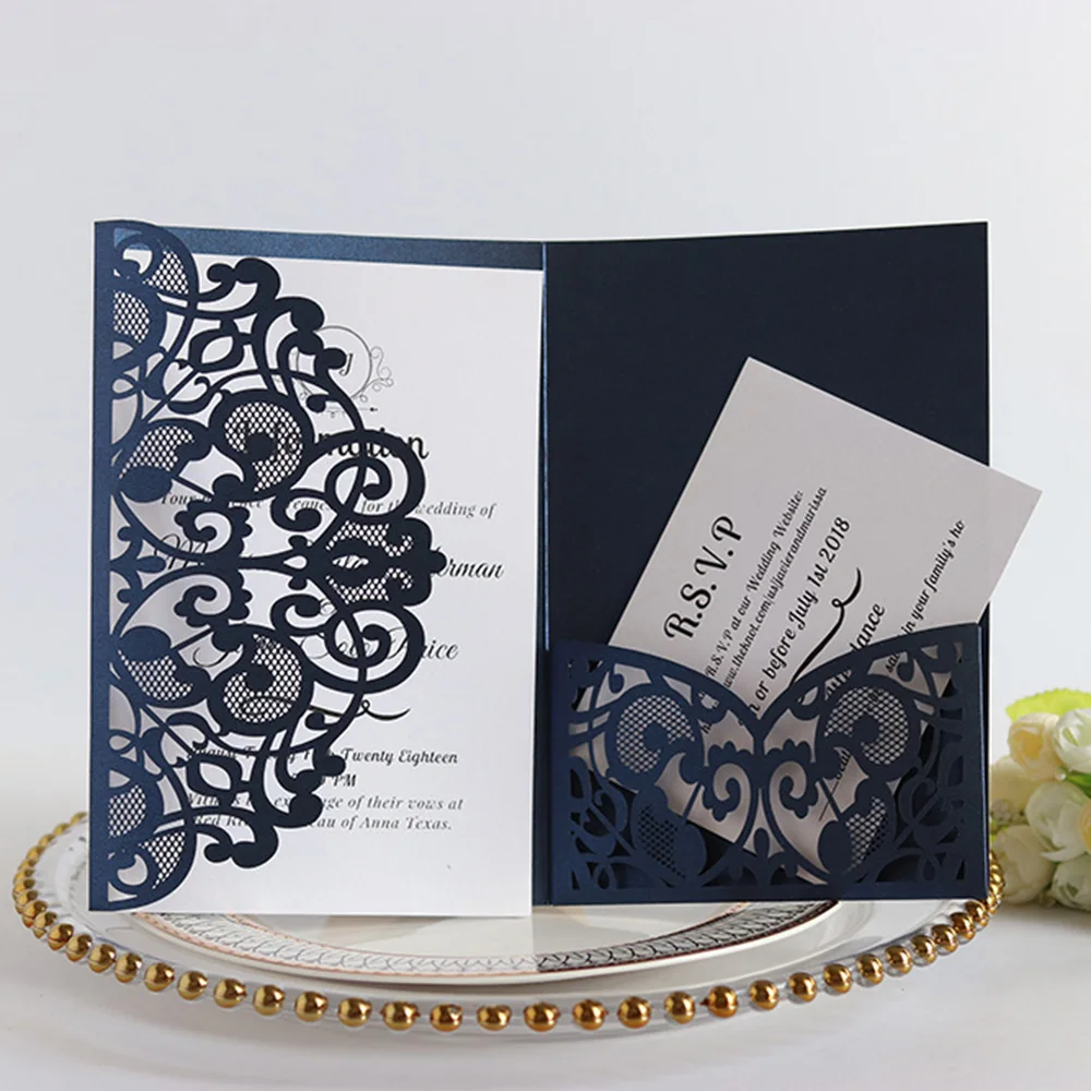  New 10Pcs Creaative Laser Cut Wedding Invitations Cards With Ribbons For Engagement Birthday Shower - 32976569317