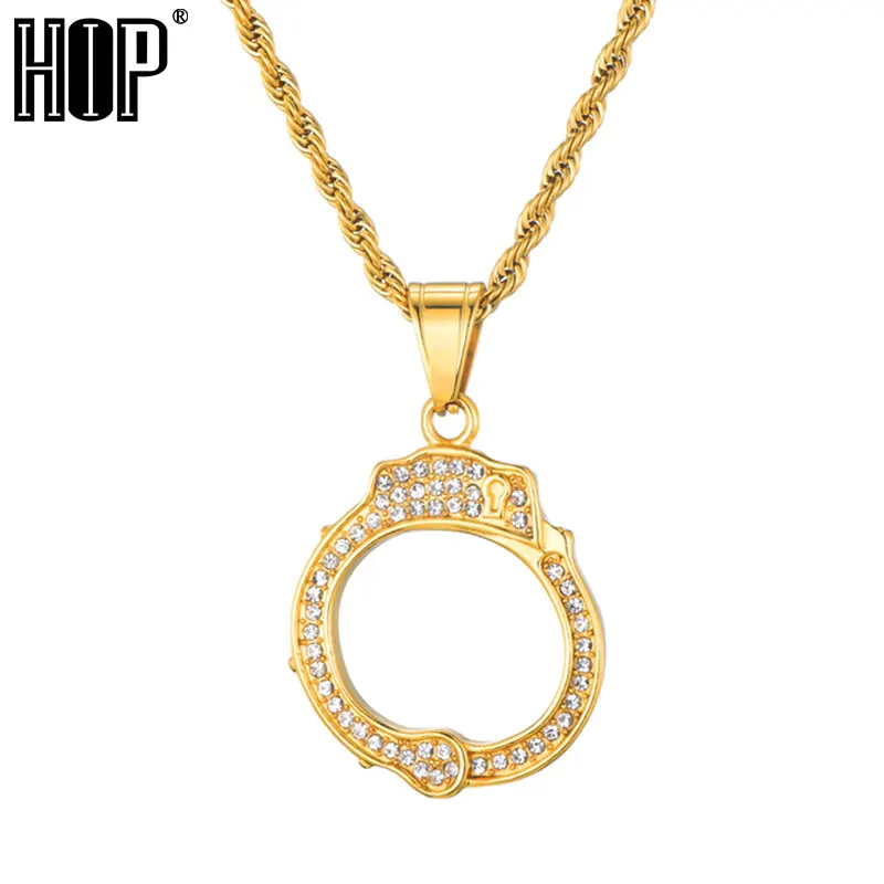

HIP Hop Iced Out Rhinestone Stainless Steel Mens Gold Color Crystal Handcuff Pendants & Necklaces For Men Jewelry Rope Chain