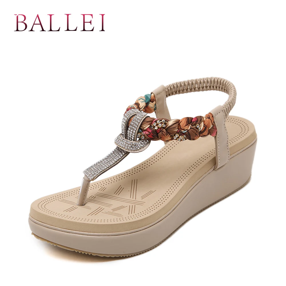 

Vintage Ethnic Woman Sandals High Quality PU Luxury Diamond Decoration Soft Low Heels Shoes Elegant Back Strap Sandals S15